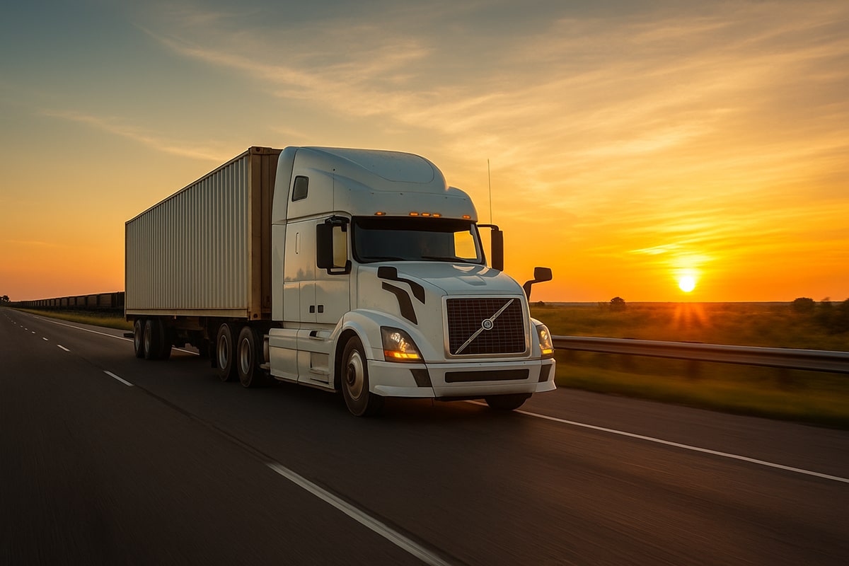 Freight truck transporting a shipping container on a Texas highway at sunset, representing landbridge logistics, trucking, and freight movement efficiency.