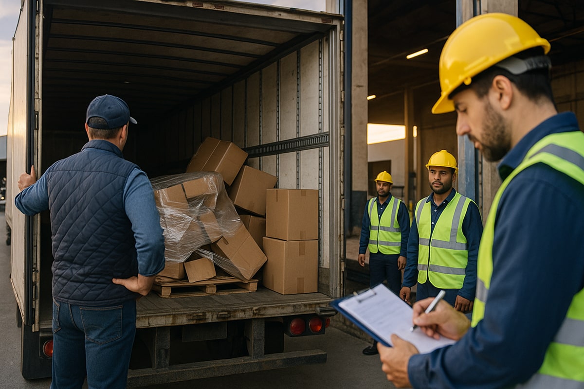 Driver inspecting damaged cargo inside a semi-truck at a transloading dock, showing freight damage prevention in action with workers following cargo handling standards to ensure transloading quality.