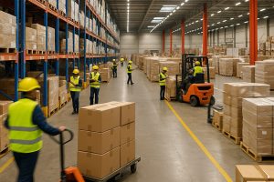 A busy warehouse during peak season with forklifts moving freight, workers in safety vests handling boxes, and tall racks filled with inventory, illustrating efficient peak season logistics and Q4 shipping operations.