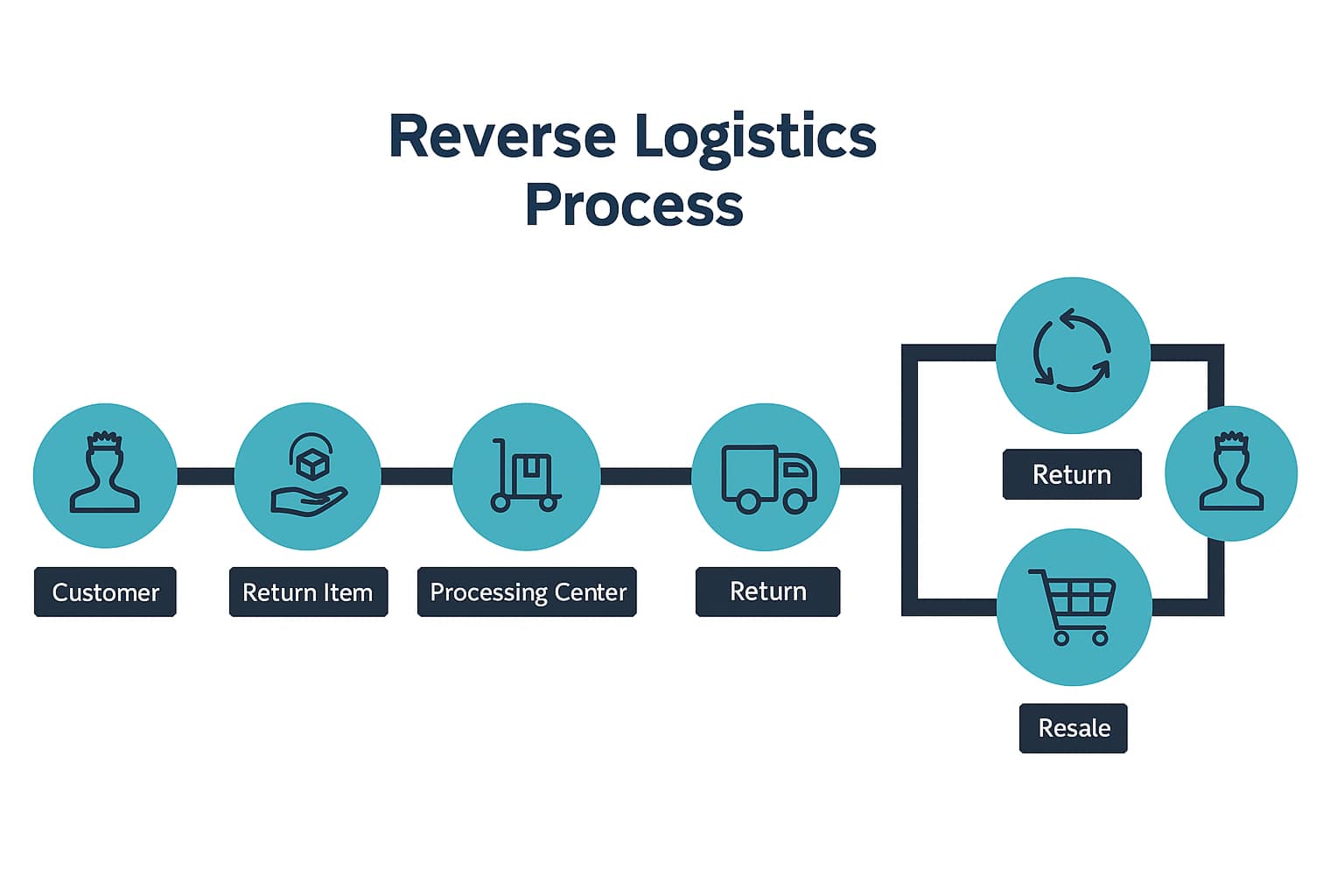 Infographic showing the reverse logistics process by Derby Logistics, featuring a cyclical flow of customer returns, product collection, inspection, repair or refurbishment, repackaging, and resale or recycling, all designed in Derby Logistics’ blue color palette (#172F46, #1D3954, #4EB6CD).