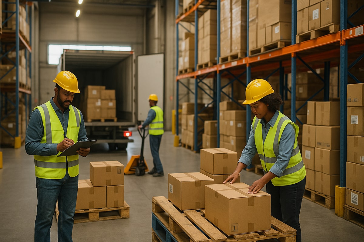 Warehouse workers manage product returns and reposition freight in a Texas logistics hub — illustrating reverse logistics, returns management, and sustainable supply chain operations.