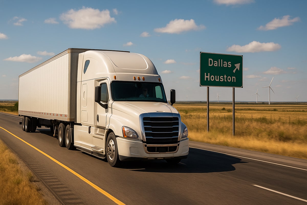 A modern white semi-truck hauling freight down a Texas highway with open plains, wind turbines, and a sign pointing to Dallas and Houston, symbolizing the strength and efficiency of Texas logistics infrastructure.