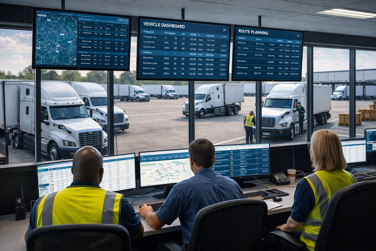 Fleet managers monitoring real-time vehicle data to improve trucking efficiency, reduce downtime, and optimize asset utilization across a commercial fleet.