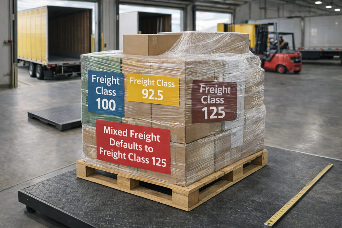 Mixed pallet with multiple products showing how different freight class codes can cause LTL shipments to default to the highest freight class during carrier inspection.