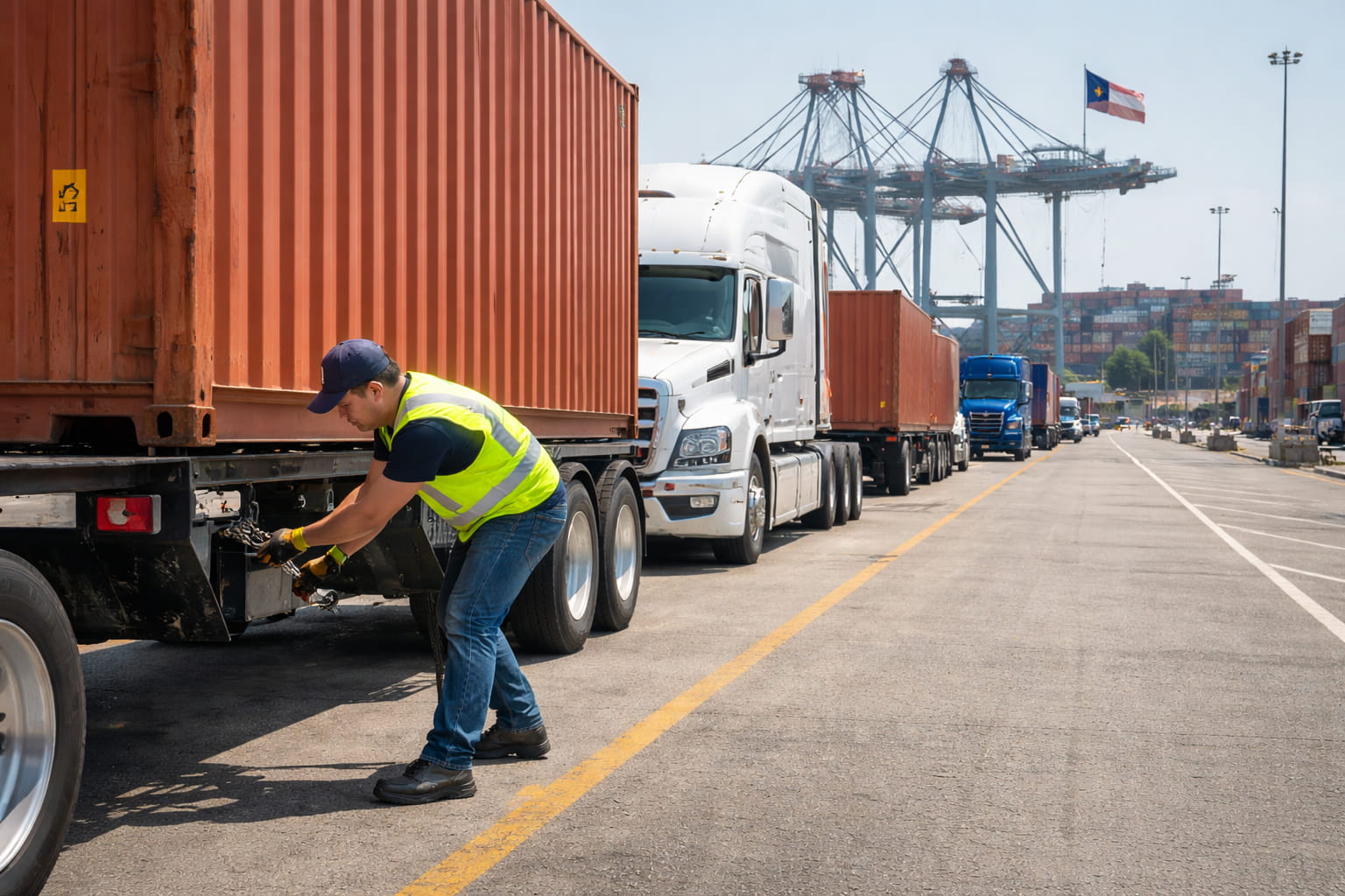 Truck picking up a container from a port terminal, showing efficient drayage to avoid demurrage fees