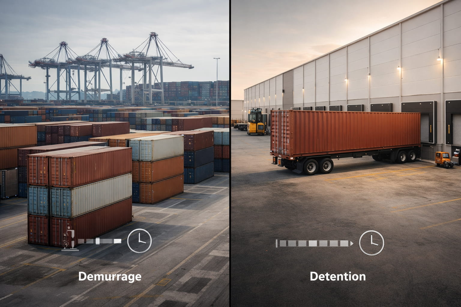 Side-by-side comparison of container demurrage at a port and detention at a warehouse after pickup